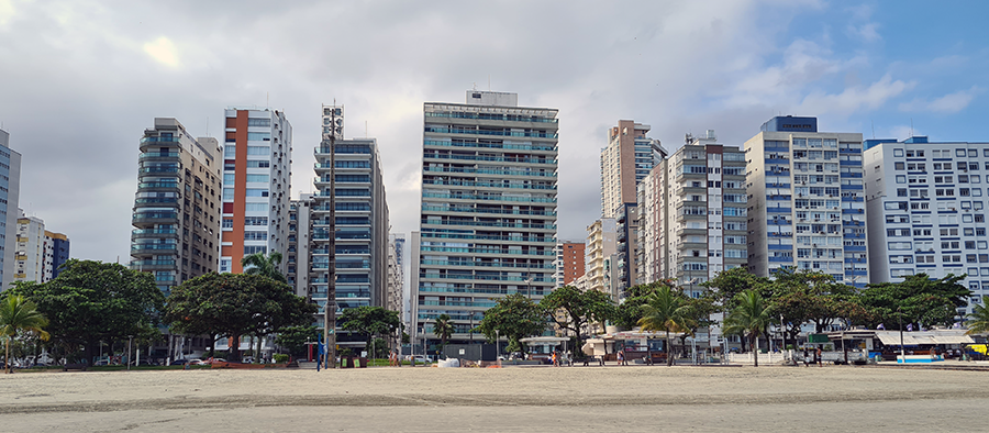 A front view of Santos' leaning buildings
