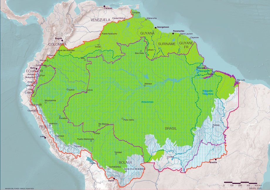 Map of the Limits of the Amazon basin and national borders
