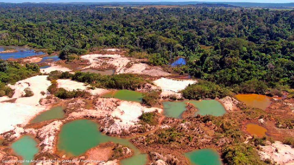 Scattered pools of water in a deforested land and Illegal mining in the Amazon with pools of water