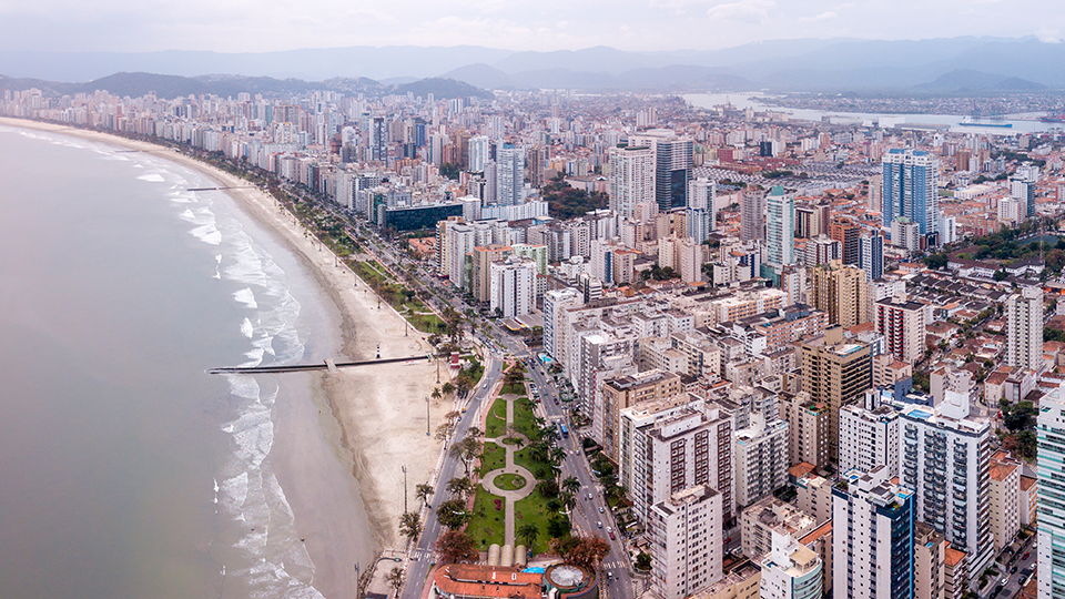 An aereal view of  Santos' shore and urban landscape