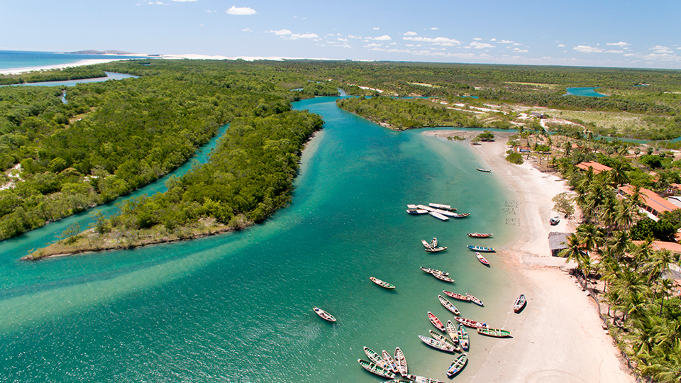 Una vista aerea de una playa con barcos atracados