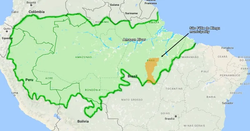 A map of the Amazon Rainforest and São Feliz do Xingu