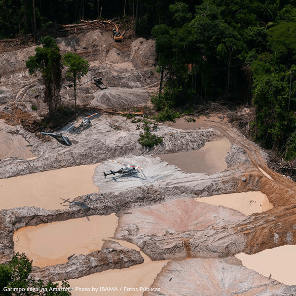 Scattered pools of water in a deforested site with Illegal mining in the Amazon Rainforest