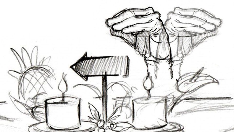 A story board image of a hand that moves from left to right in front of a table setting