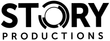 A black and white logo for story productions on a white background.