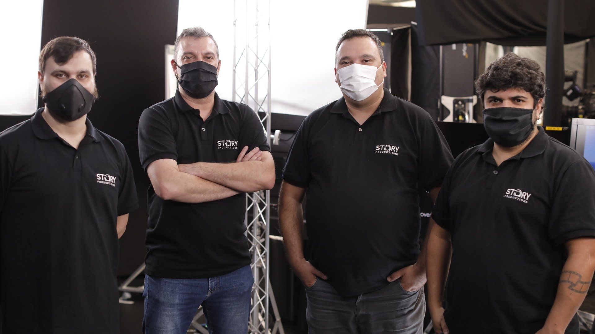 The Story Productions crew on location wearing face masks