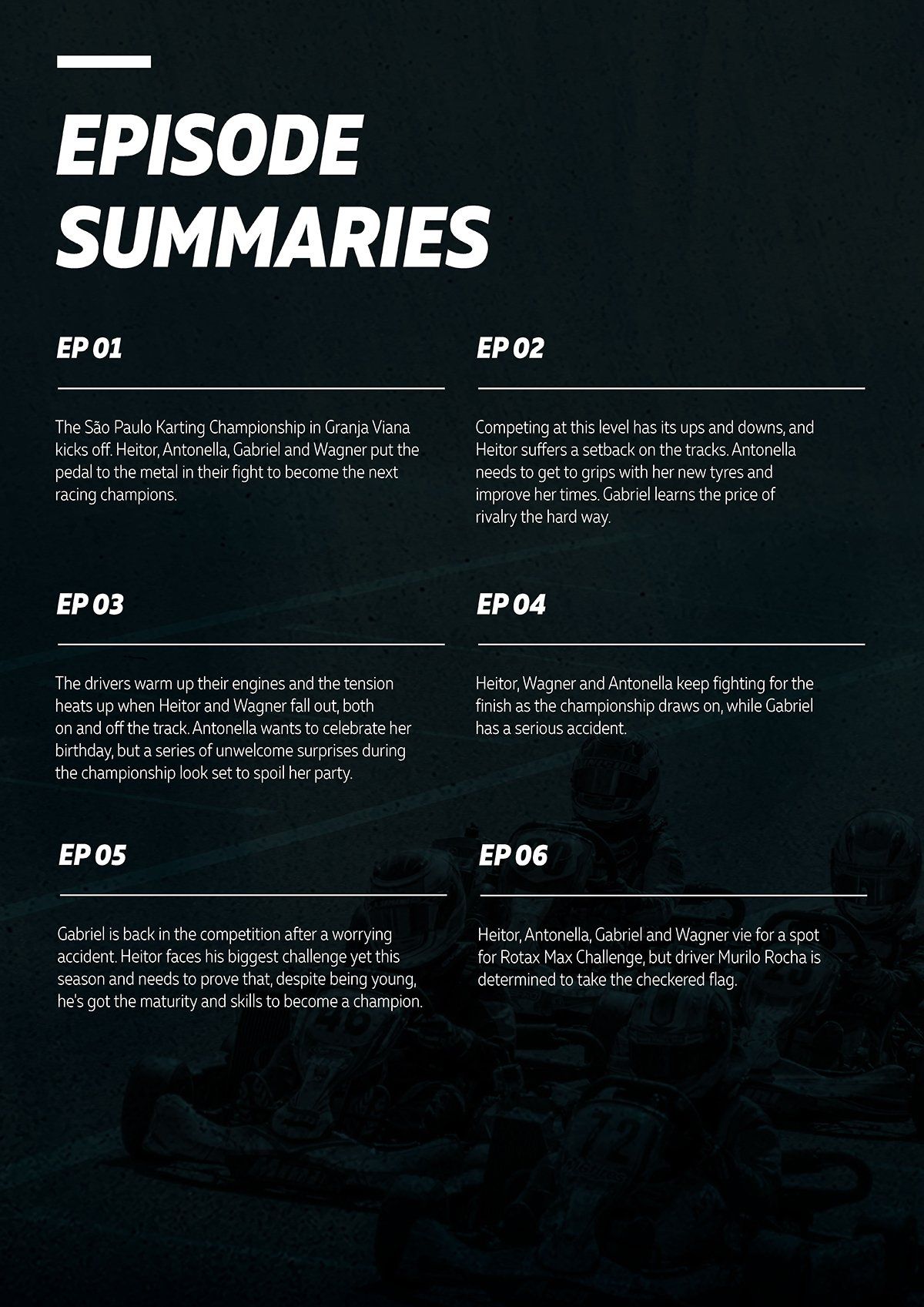 A black and white poster with the words `` episode summaries '' on it.