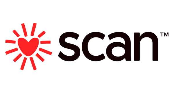 SCAN logo with the words SCAN in black with a red heart next to it