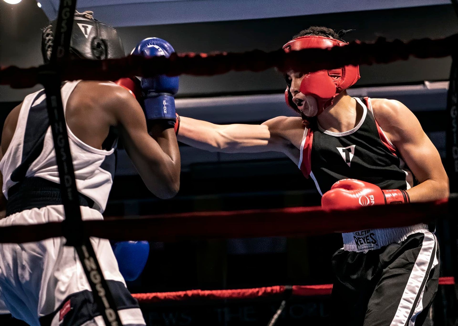 Two boxers are fighting in a ring and one of them has the letter w on his shorts