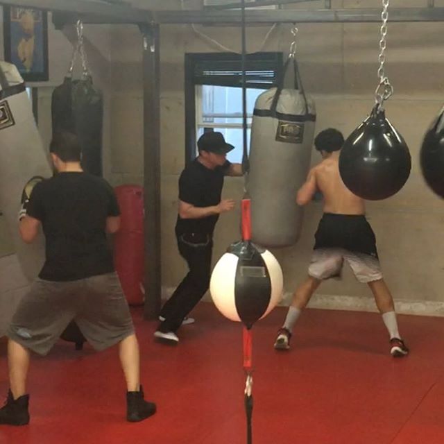 A group of men are practicing boxing in a gym