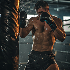A male boxer hitting a heavy punching bag.