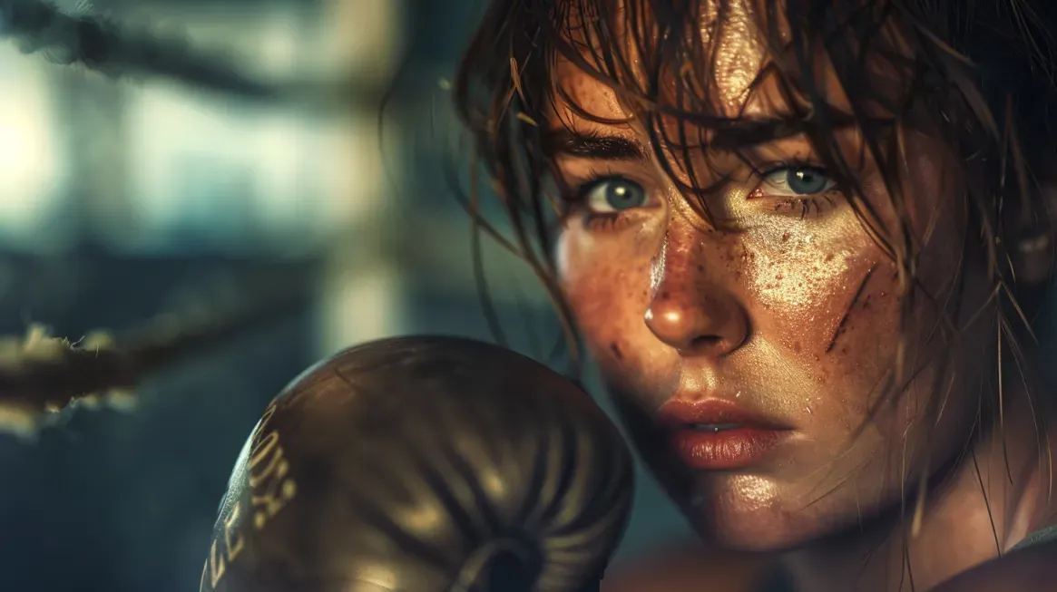 Image of a female boxer staring into a mirror, wrapped hands, bruised knuckles, deep focus in her eyes