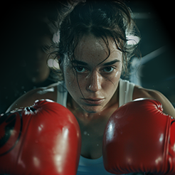 A close up of a focused female boxer