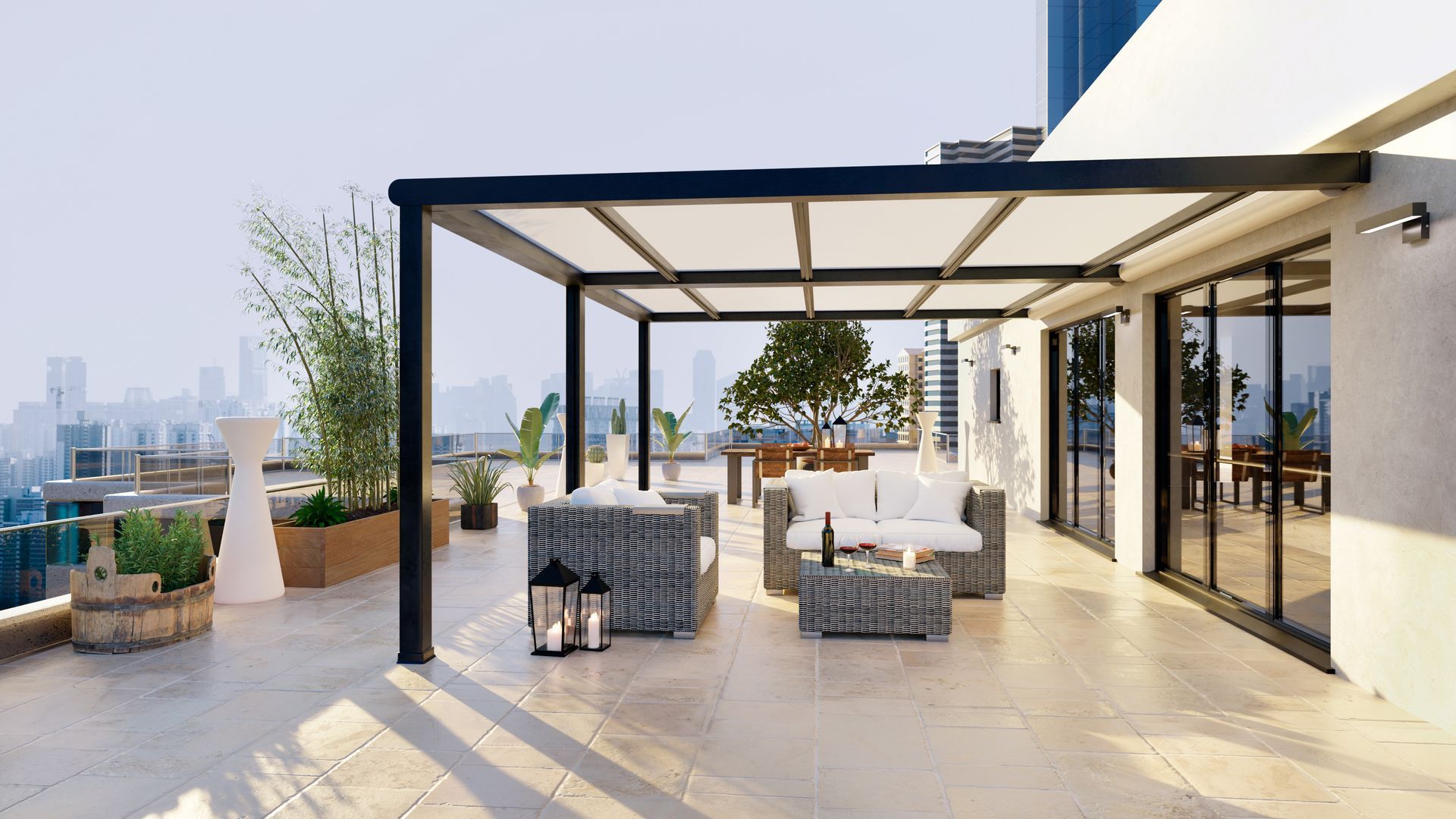Modern rooftop patio with black pergola, wicker seating, and city skyline views