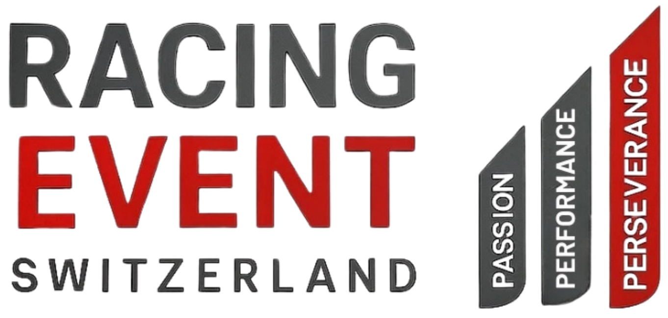 Logo : « RACING EVENT SUISSE » avec trois barres verticales portant les inscriptions « Passion », « Performance » et « Persévérance ».
