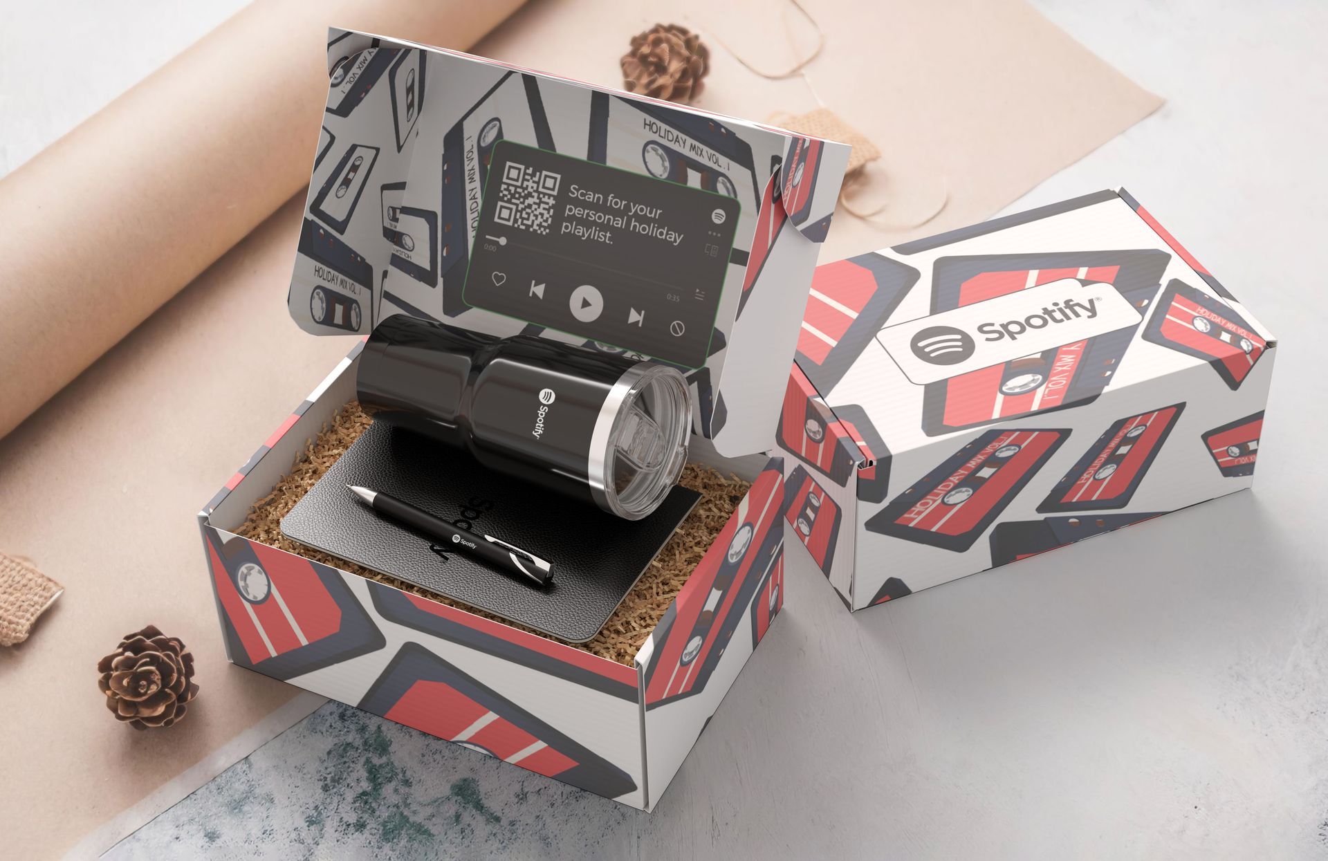 A box with a flashlight inside of it is sitting on a table.