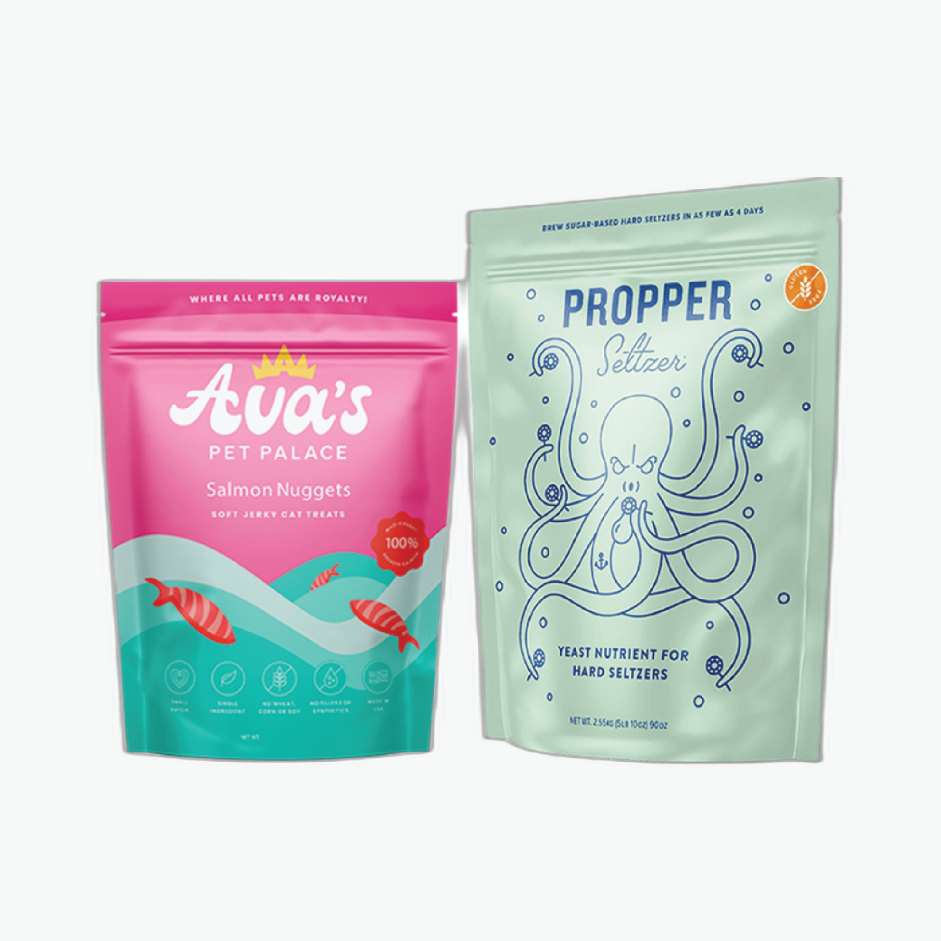A bag of ava 's pet palace salmon nuggets and a bag of proper salmon nuggets.