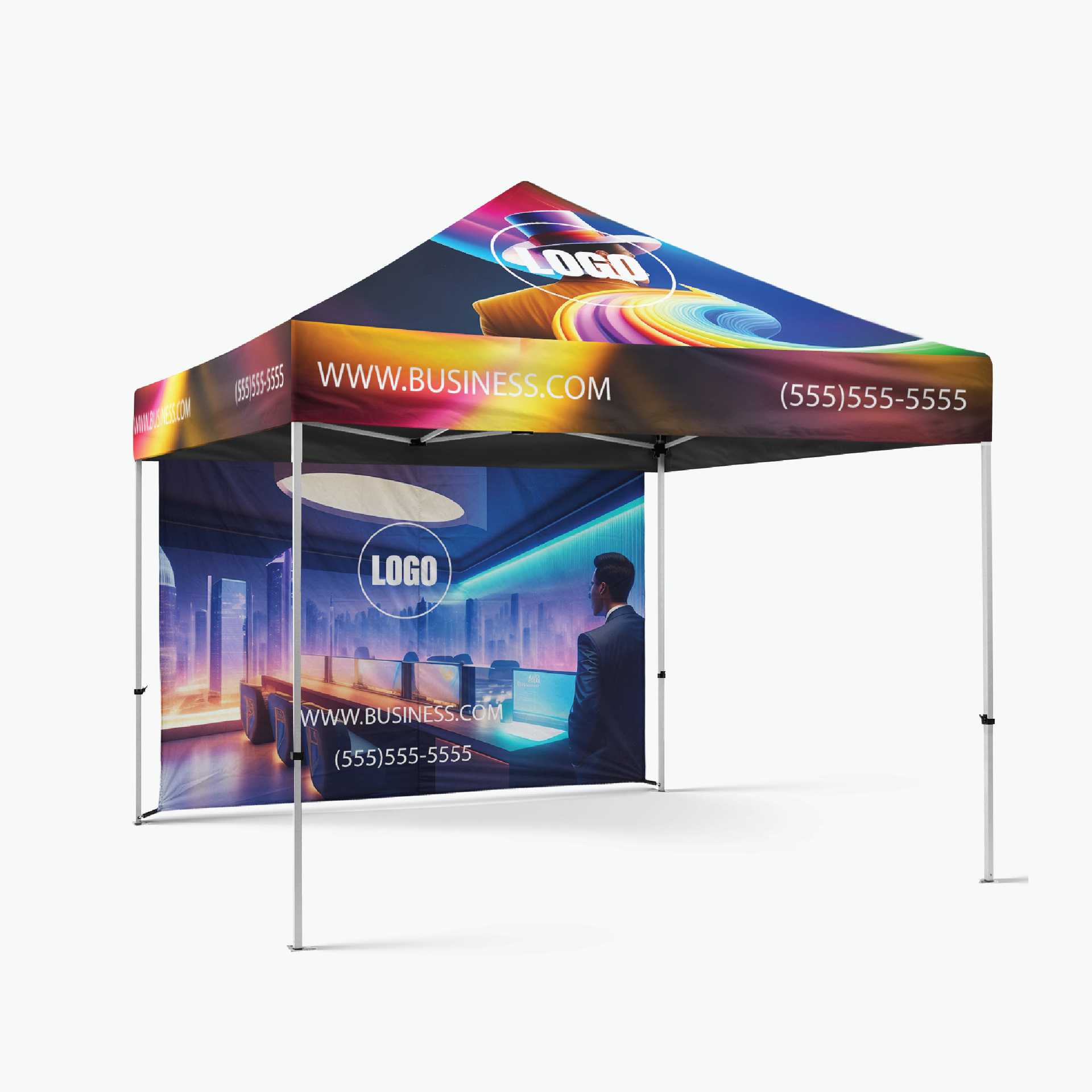 A colorful tent with a picture of a man standing in front of a computer.