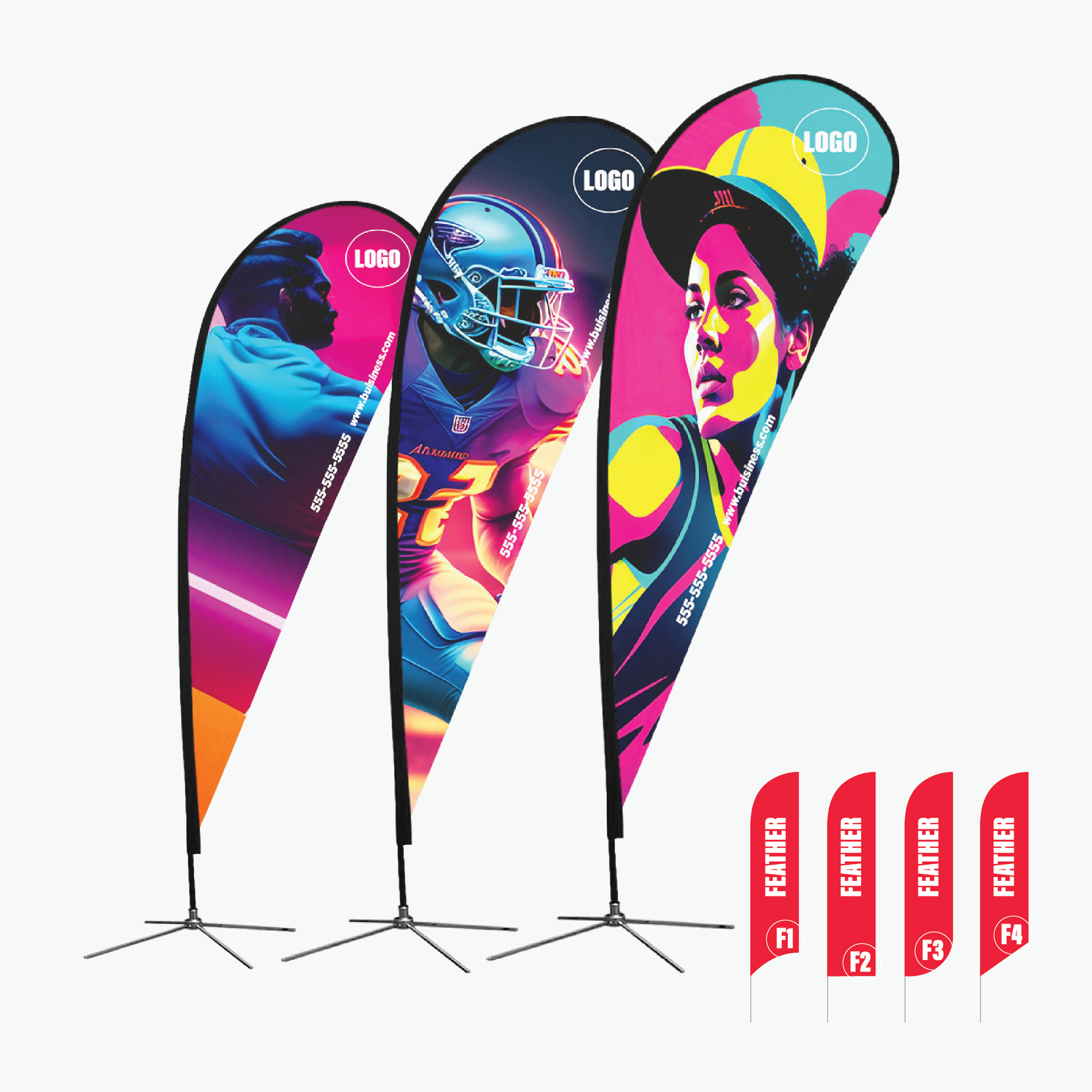 A group of teardrop shaped flags with different designs on them.