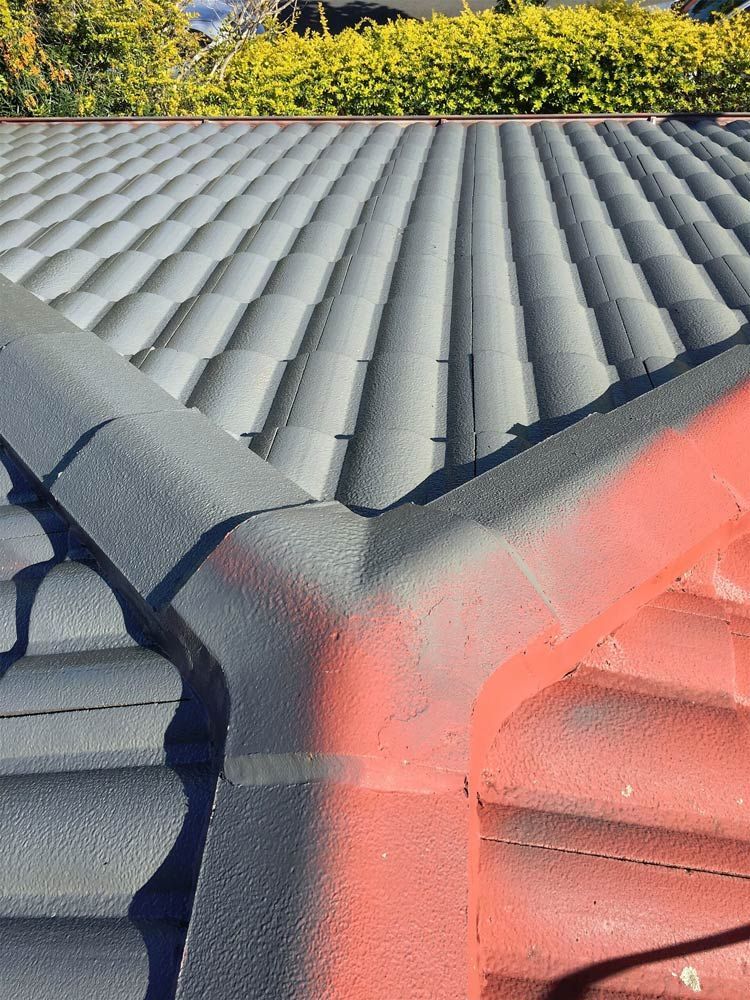 Roof Painting In Process With Bottom Left Tiles Still in Red Colour — Painting service in Yeppoon, QLD