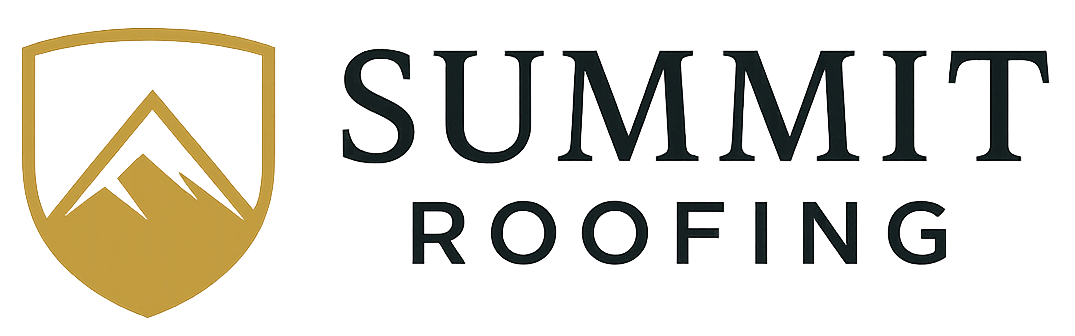 Logo for Summit Roofing, featuring a shield with a mountain graphic, and text 