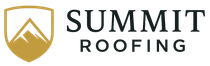 Logo for Summit Roofing, featuring a shield with a mountain graphic, and text 