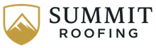 Logo for Summit Roofing, featuring a shield with a mountain graphic, and text 