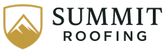 Logo for Summit Roofing, featuring a shield with a mountain graphic, and text 