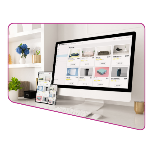 Multiple devices displaying an online store. Desk with flowers and a candle.