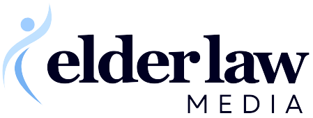 Logo for Elder Law Media: light blue figure with the words 