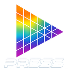 Logo colorato e geometrico del pulsante di riproduzione sopra la parola 