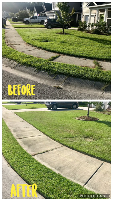 Before-and-after of a curved sidewalk and lawn edge, showing a cleaner, more even concrete path.
