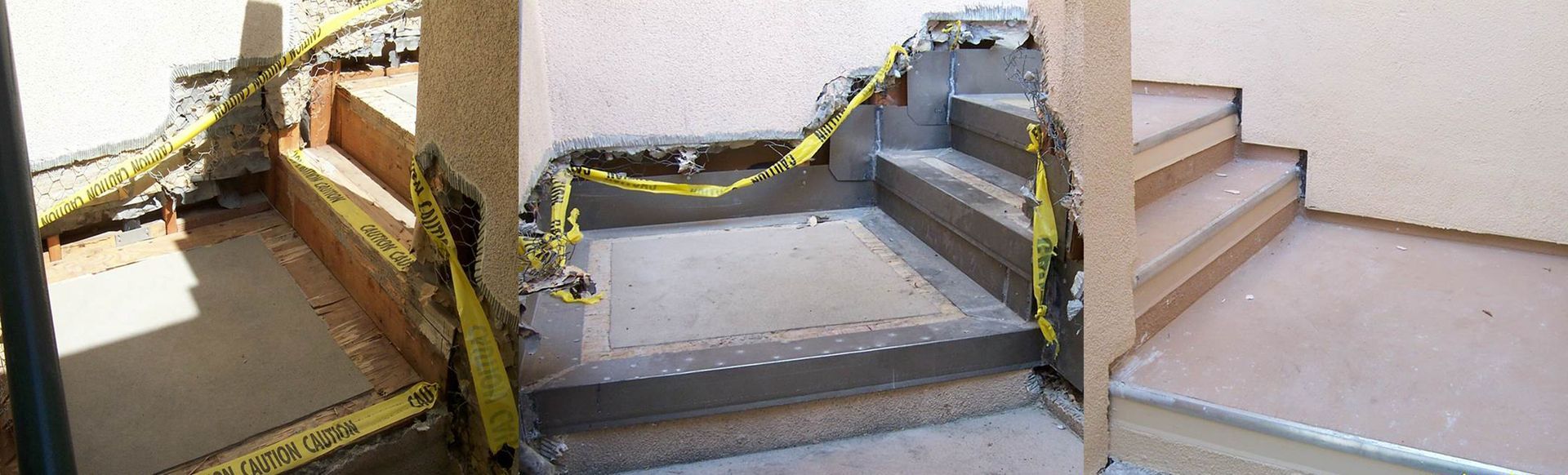 Waterproofing photo of stairwell with caution tape 