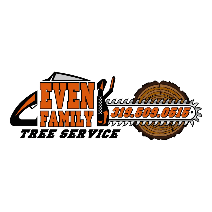 Even Family Tree Service logo with chainsaw and phone number 319-508-0515