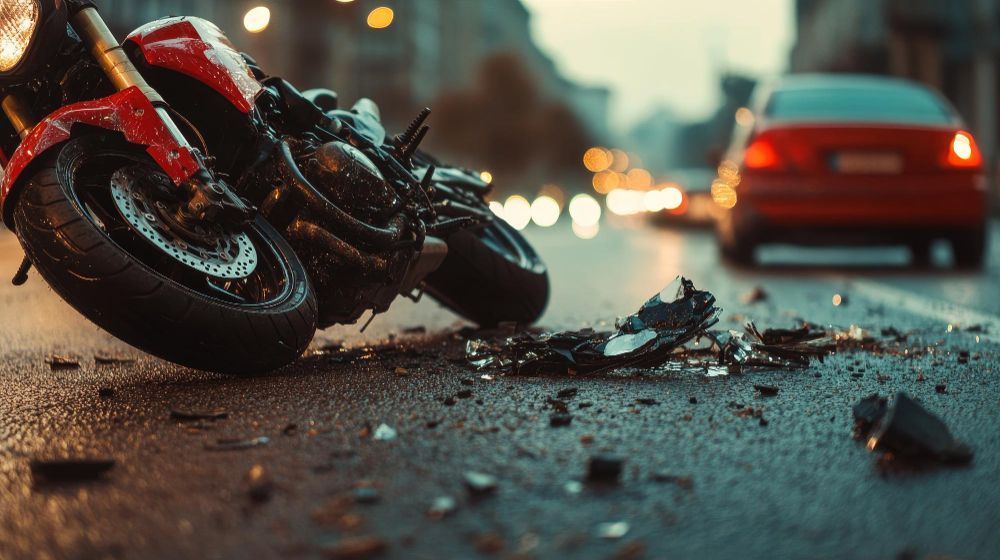 Motorcycles crashed on wet road with broken debris. A red car in the background.