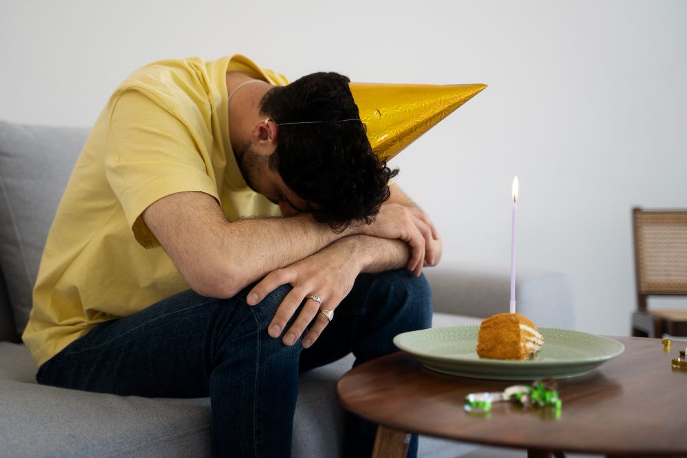 Person in party hat, head down on couch. Small cake with single lit candle on table.