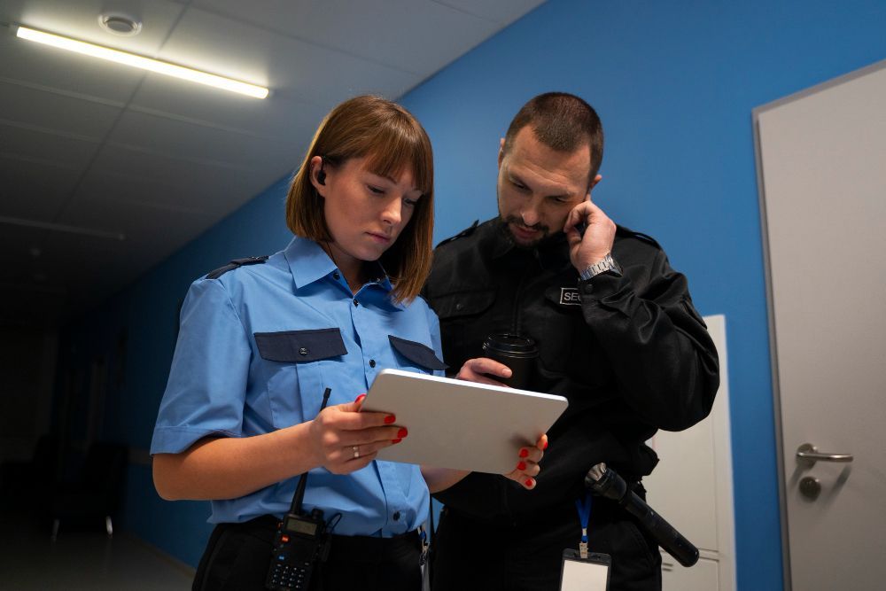 Two uniformed people consult a tablet in a hallway; one is using a headset, the other on a phone.