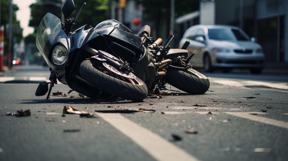Motorcycle lying on its side on a city street after a crash, with a car in the background.