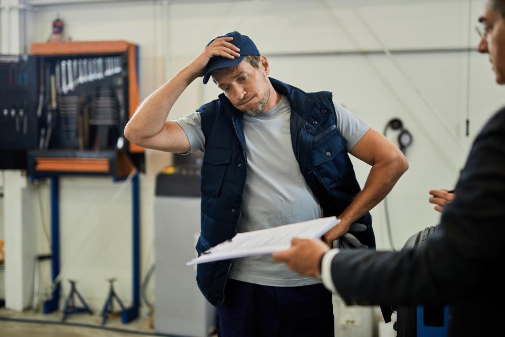 Man in workshop looking stressed, holding head, receiving paperwork from another man.