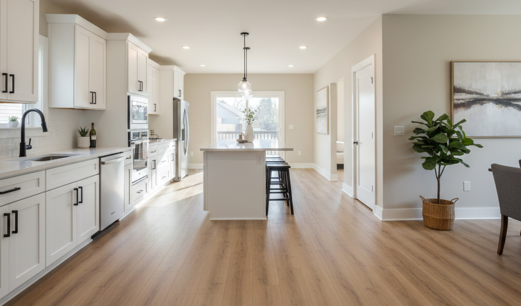 Modern kitchen with white cabinets, island, and light wood flooring.