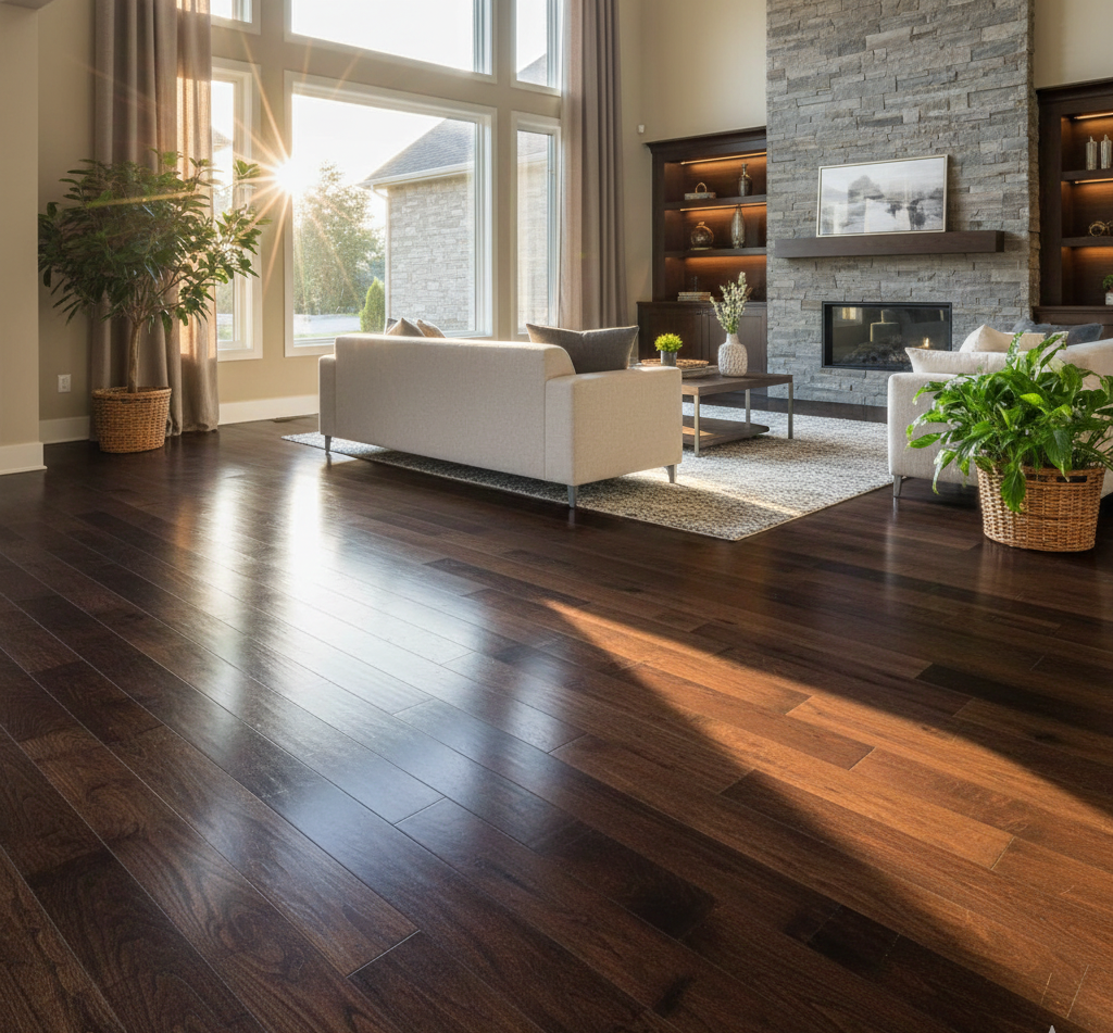 Elegant living room with hardwood floors, a beige sofa, and a large window with sunlight.