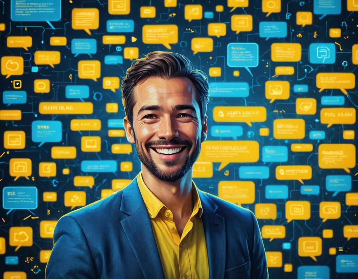 A man in a suit and yellow shirt is smiling in front of a wall of speech bubbles.