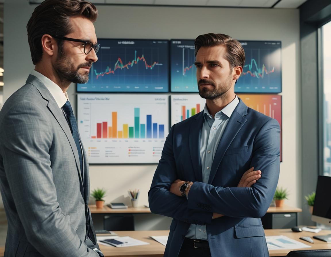 Two men in suits are standing next to each other in an office.