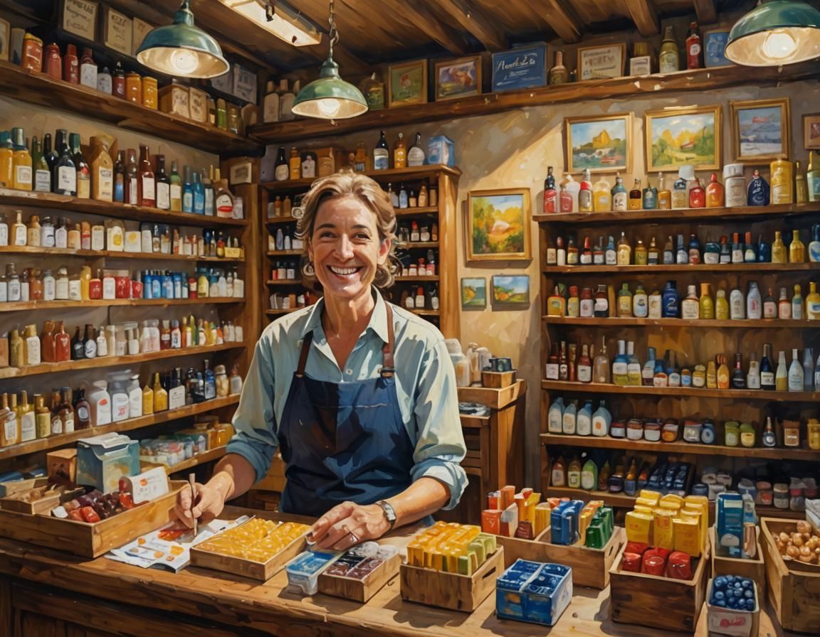 A woman is standing behind a counter in a store.