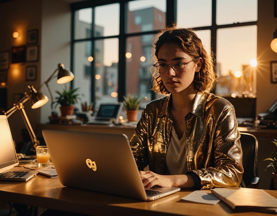 A woman is sitting at a desk using a laptop computer.