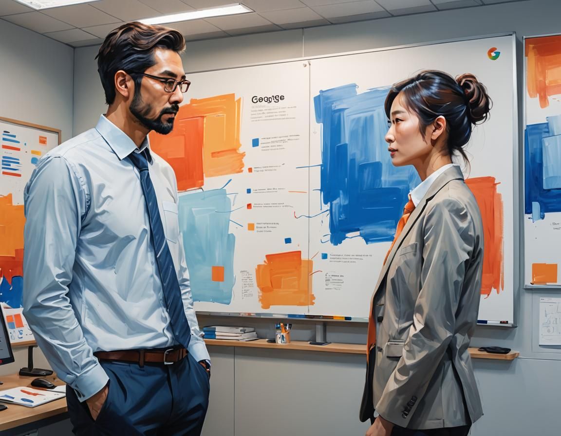 A man and a woman are standing next to each other in front of a whiteboard.