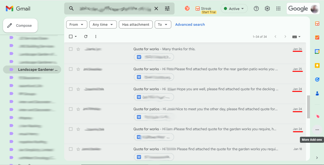 A screenshot of a gmail account with a bunch of emails on it.