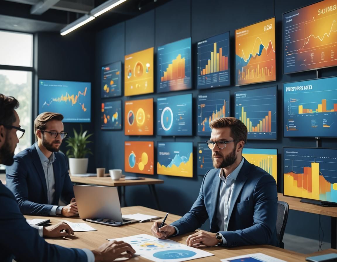 A group of men are sitting at a table in front of a wall of monitors.