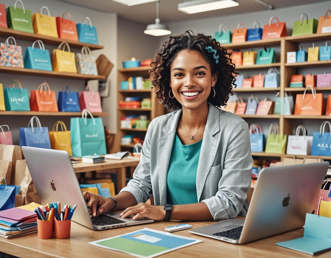 A woman is sitting at a desk with two laptops in a store.