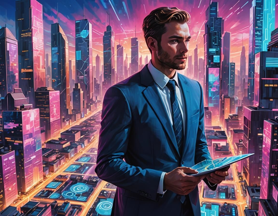 A man in a suit and tie is holding a tablet in front of a futuristic city.